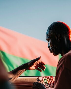 Silhouette of a man holding a daily pill organizer inside a car, featuring dramatic warm backlighting and soft ochre tones for healthcare and wellness concepts
