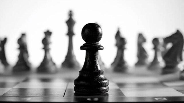 A single black pawn stands centered on a blurred chessboard