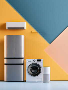 Modern refrigerator, washing machine, air conditioner, smart speaker, geometric wall, minimal style, home appliance