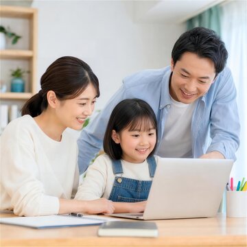 家族でノートパソコンを使う家庭学習