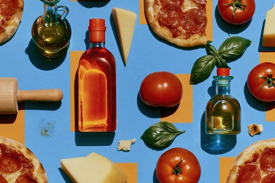 Pizza making ingredients and oil bottles arranged in a flat lay pattern on a blue and orange background for culinary menu design