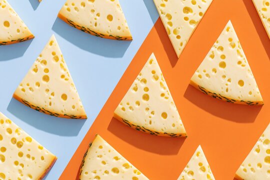 Slices of swiss cheese with holes arranged in a flat lay pattern on a vibrant blue and orange background for food packaging design