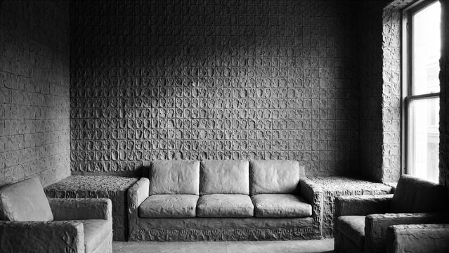 Terracotta colored lounge with wall in bas relief sculpture of hand pressed clay thumbprints