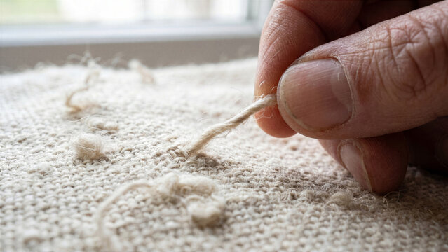 Macro photography of fingers pulling thread from rough rustic hand spun raw silk cloth texture
