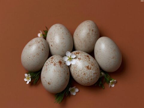 Beige speckled Easter eggs resting among delicate spring flowers on a warm orange surface for seasonal holiday celebration and greeting card design