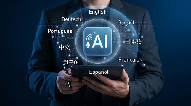 Businessman Holding Digital Tablet with AI Multilingual Translation Concept