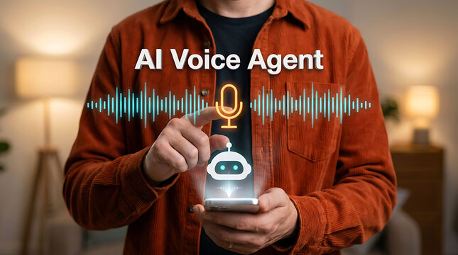 Man Holding Smartphone with AI Voice Agent Interface and Sound Wave Graphic
