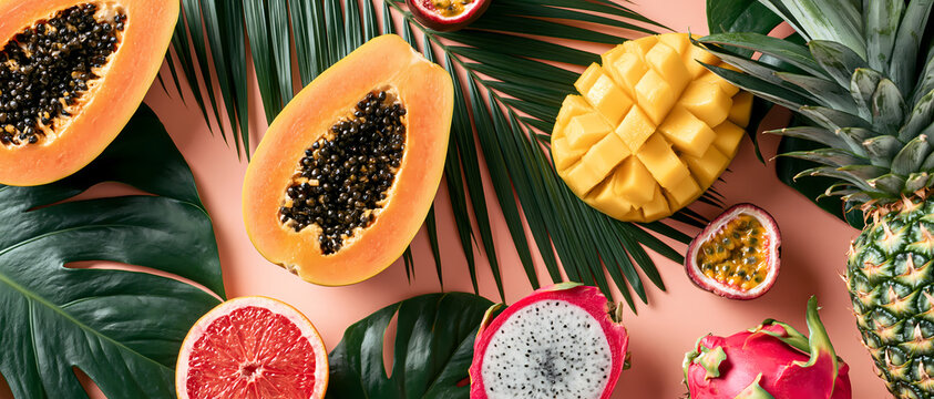 A colorful arrangement of fresh tropical fruits including papaya mango pineapple and dragon fruit displayed on a flat surface with green palm leaves for a summer theme