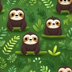 Fototapeta premium Seamless pattern with cute cartoon sloths on tree branches in a tropical forest