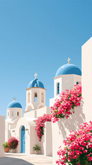 Obraz premium Traditional white buildings with blue domes and bright pink flowers stand under a clear blue sky on a sunny summer day in a Mediterranean village