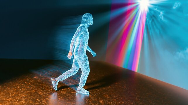 Athletic masculine holographic silhouette with glowing blue particles walking into a vibrant technicolor light beam for digital identity and metaverse concepts