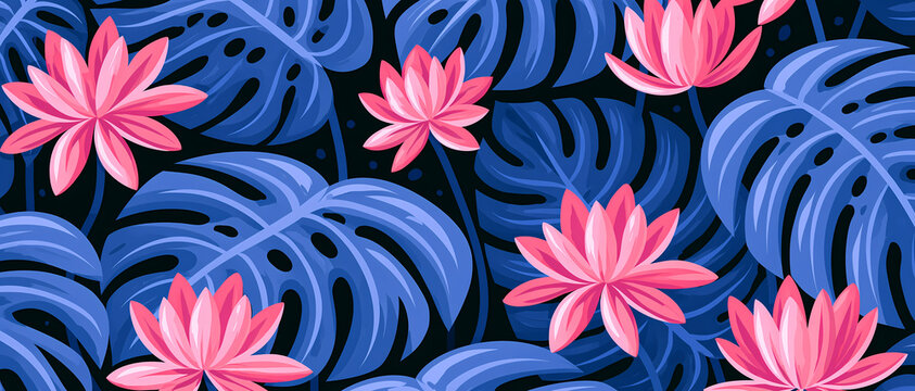 A vibrant artistic pattern features bright pink lotus flowers blooming among large dark blue tropical monstera leaves in a lush decorative botanical garden style illustration