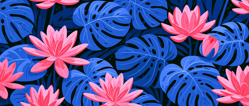 A beautiful digital illustration showing pink lotus flowers blooming among large blue tropical monstera leaves in a vibrant pattern design for a nature themed background