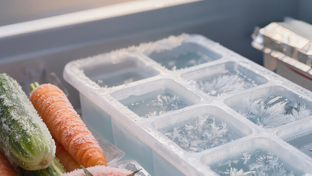 A close-up view inside a freezer compartment featuring an ice cube tray covered in delicate frost crystals, alongside frosted carrots and a cucumber