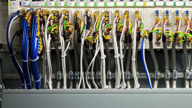 View of an industrial programmable logic controller rack with numerous colorful electrical wires and terminal blocks connected to control modules in France.