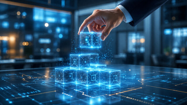 Business Hand Building Holographic Digital Data Blocks
