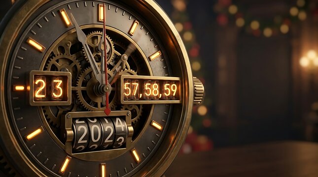 Vintage steampunk clock counting down to the year 2024