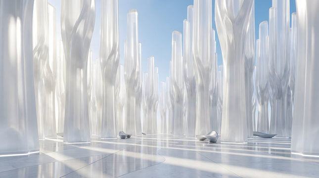 Monolithic white architectural forest of columns in bright spatial hall