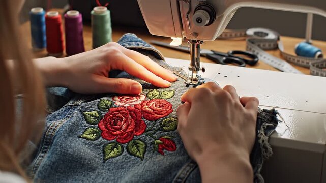 Person Sewing Floral Embroidery Detail on Denim Fabric at Workshop