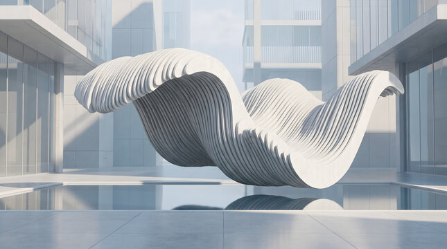 Dynamic wave-like parametric architectural sculpture over calm water