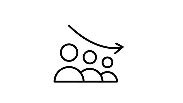 Line icon of a group of people beneath a downward falling arrow representing team decline business loss and steadily falling overall performance level