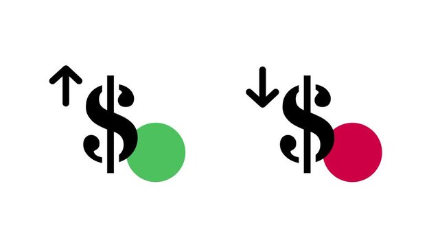 Line icon of dollar signs paired with green rising and red falling arrows representing stock price fluctuation market change and active daily trading