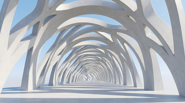 Perspective view of futuristic white organic archway colonnade