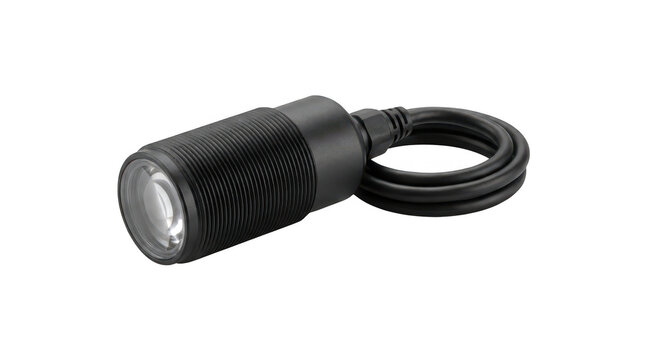 Modern black industrial camera lens or optical sensor with attached coiled cable connection for technology applications transparent background