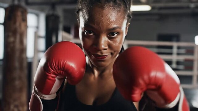 Powerful Black Woman Boxer Training with Intense Focus in Boxing Gym