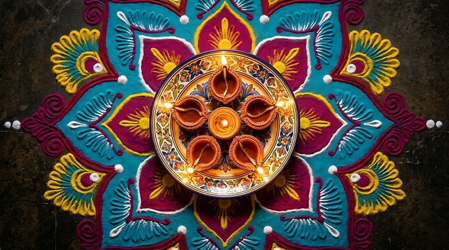 Lit Diya Lamps on Decorative Plate with Rangoli Pattern