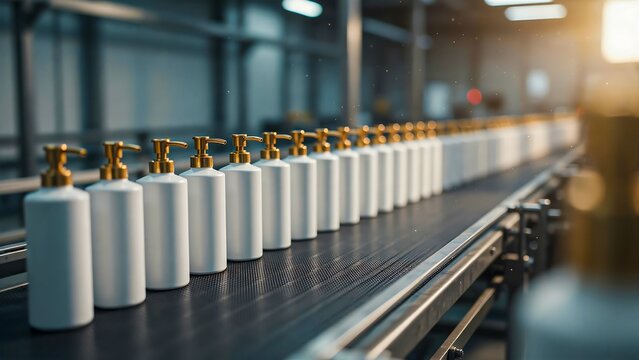 White cosmetic bottles on automated production line in modern manufacturing factory