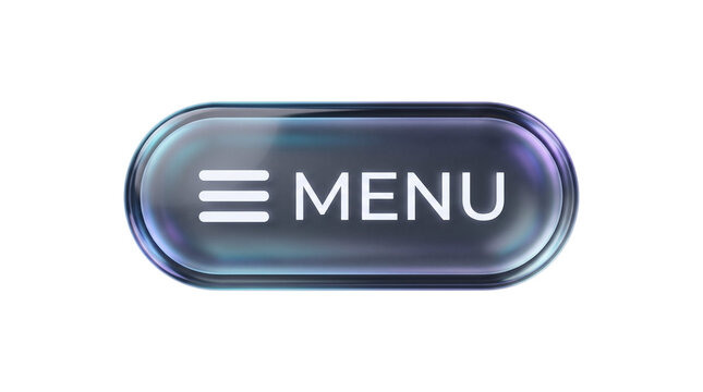 3d rendered glossy menu button with hamburger icon and text, isolated on transparent background
