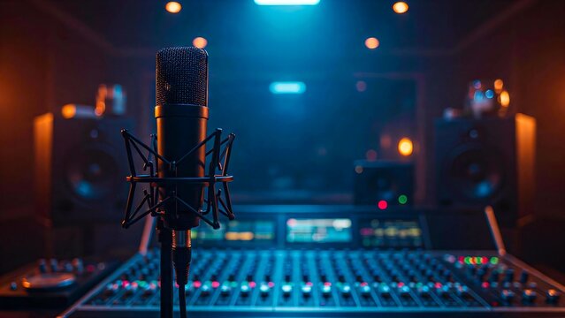Professional studio microphone with audio mixing console in modern music recording studio