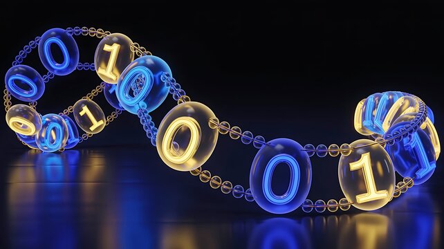 Digital cryptocurrency chain with glowing binary numbers representing blockchain technology