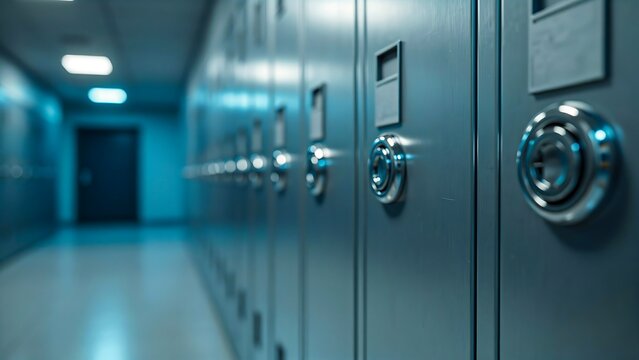 Secure safety deposit boxes in modern bank vault corridor for financial security and asset protection