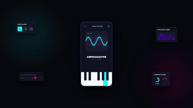 Music Production Mobile App Interface Animation Modern Dark UI UX Sound Wave Design Synthesizer Arpeggiator Creative Digital Tool for Electronic Music Composition