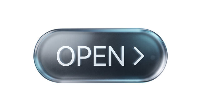 Glassmorphism open button with arrow icon, isolated on transparent background