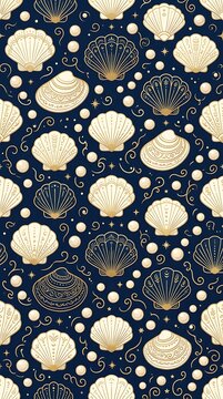 Elegant gold seashell and pearl seamless pattern on dark blue
