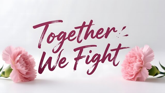 Together We Fight breast cancer awareness message, pink carnation flowers on white background, inspirational health campaign banner with brush calligraphy