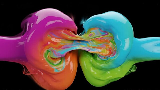 Colorful streams of liquid paint colliding and blending together. Abstract fluid motion showing vibrant viscosity mixing into a swirling artistic chemical reaction.