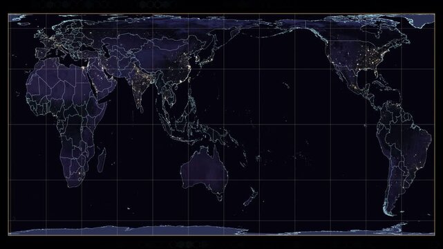 Cylindrical Equal Area world map projection animation. Rotating Earth with glowing night lights, amber graticule lines, and cyan country borders. Hexagonal animated background. Seamless loop.