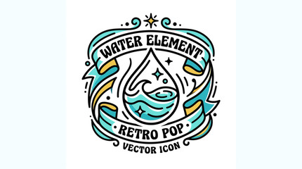 Fototapeta premium Retro Pop Water Element Icon - Wave Drop Design, Vintage Label