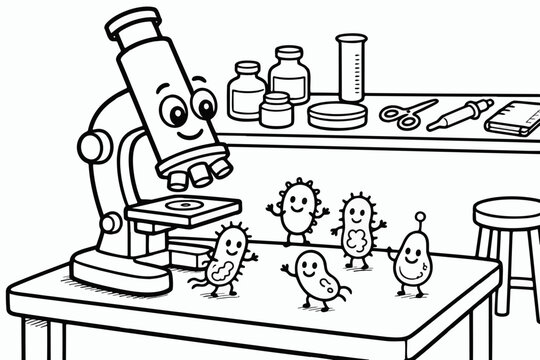 A coloring page for children &mdash; a cartoon microscope with a smile, watching dancing bacteria on a laboratory table.