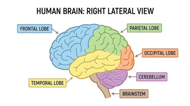 Labeled diagram of the human brain right lateral view showing frontal parietal