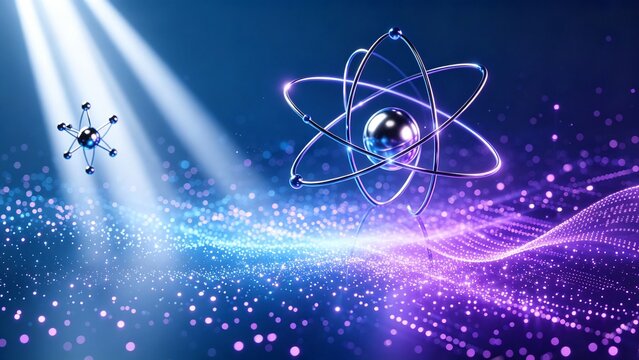 Abstract 3D atom model with glowing particles and futuristic light beams on a dark background