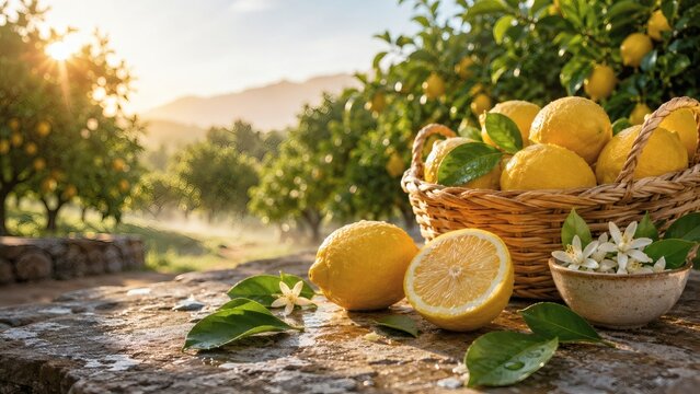 Sun-Kissed Lemons in Grove: Freshly picked lemons, some whole and one halved, sit on a rustic stone surface in a vibrant lemon grove, bathed in the warm, golden light of sunrise.