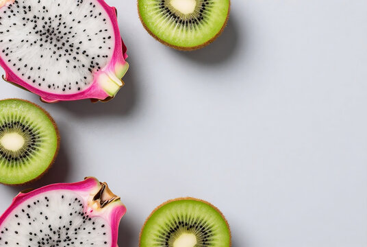 Top down view of tropical dragon fruit and fresh kiwi slices with copy space