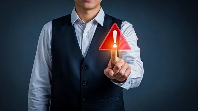 Business professional pressing warning alert icon for risk management and cybersecurity protection