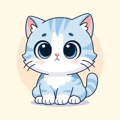 An adorable vector-style illustration of a blue and white striped kitten with large expressive eyes sitting calmly. This kawaii feline character is perfect for stickers, nursery decor, greeting cards,
