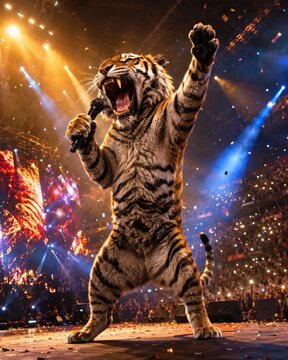 Rockstar Tiger on Stage: A ferocious tiger, embodying the spirit of a rockstar, belts out a powerful anthem into a microphone on a grand concert stage.